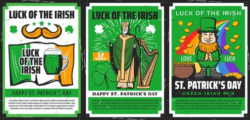 Saint Patrick, Irish flag and leprechaun vector posters, religion holiday of Ireland. Shamrock clover green leaves with beer, pot of gold coins, celtic elf and orange beard