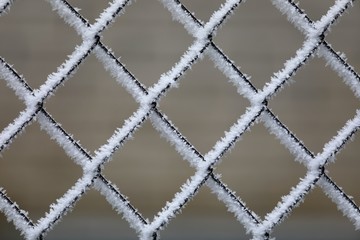 White frost on a square wire mesh, humid air condensation