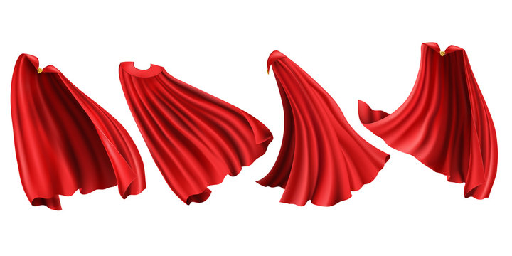 Red cloaks with golden clasp set. Silk flattering capes front, back and side view in different positions isolated on white background, superhero costume. Realistic 3d vector illustration, clip art