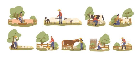 Set of various cartoon farmers taking care domestic animals vector flat illustration. Collection of character farmhand working at countryside isolated on white background. Rural lifestyle concept. © Good Studio