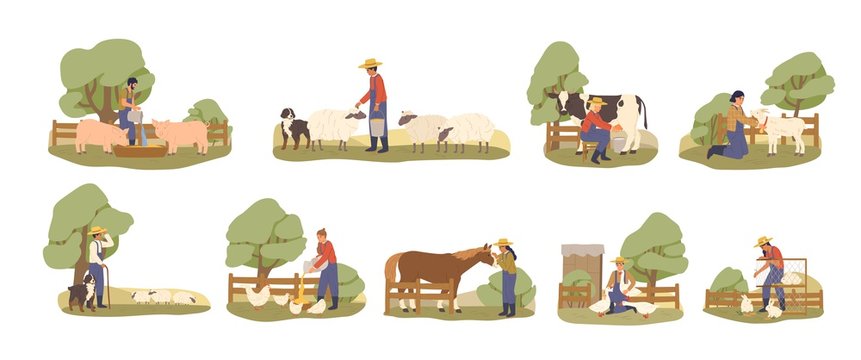 Set of various cartoon farmers taking care domestic animals vector flat illustration. Collection of character farmhand working at countryside isolated on white background. Rural lifestyle concept.
