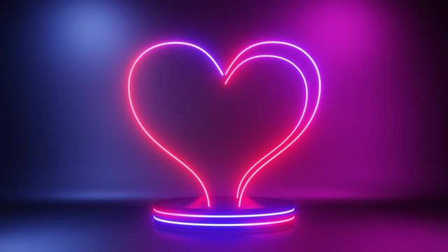 Neon hearts blink on the podium. Abstract neon love background. 4K loop animation