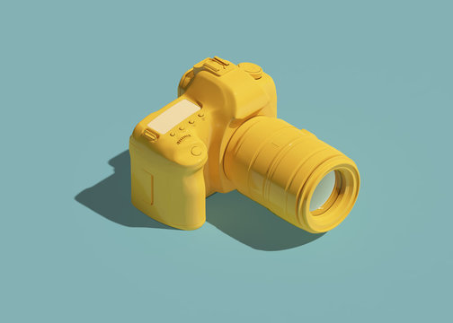 Yellow DSLR camera icon isometric view. 3d rendering