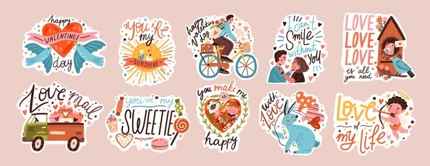 Set of valentines day doodle sticker vector flat illustration. Collection of love symbol and romantic elements cartoon character. Hand drawn 14 february isolated bundle.