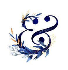 Watercolor letter - hand painted floral monogram (logo) in deep blue shades with gold and orange.