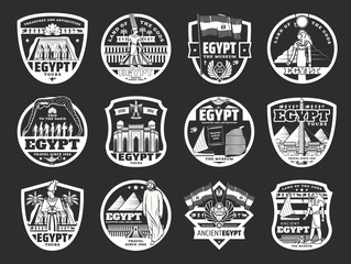 Fototapeta premium Ancient Egyptian Gods, pyramids and landmark icons. Vector Egyptian travel , history and religion monochrome symbols. Museums, tombs, deities Anubis, Horus, Ra and Anubis, rarities