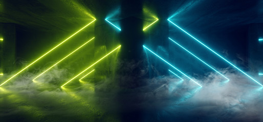 Blue Green Sci Fi Smoke Club Dance NIght Neon Laser Pantone Cyber Virtual Garage Underground Lights Empty Stage 3D Rendering