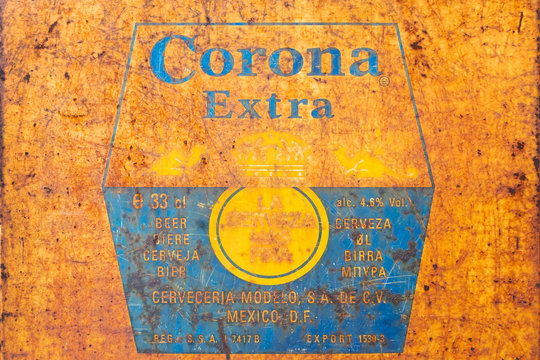 Ancient rusted steel advertising sign for Mexican Corona Beer in Scheveningen, The Netherlands on January 14, 2020