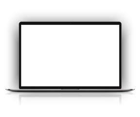 Ultra thin opened laptop with white screen for your content. High detailed illustration with shadow and reflection