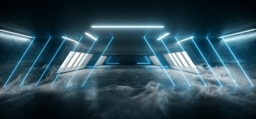 Smoke Fog Sci Fi Futuristic Alien Tunnel Corridor Garage Podium Car Showcase Parking Garage Warehouse Laser Neon Glowing Pantone Blue Vibrant Lines 3D Rendering