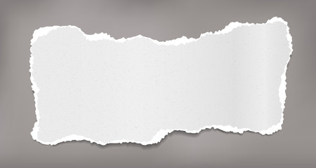 Torn white grainy note, notebook paper strip, piece stuck on brown background. Vector illustration