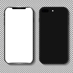 Realistic black smartphone mockup. Black cellphone mockup on transparent background. Phone with blank screen. Isolated templates of mobiles. Modern application design. Digital device concept. Vector.