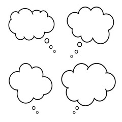 Set of comic style speech bubbles. Empty thinking clouds on white background. Dreams concept. Box for chat. Fun balloon design. Collection of communicate elements. Cartoon idea. Dialogs icon. Vector.