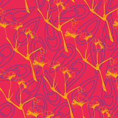 Vector seamless pattern ginko wax with yellow and orange ginkgo leaves and blue arabesques