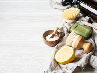 Zero waste home cleaning concept. Various items and ingredients for eco home cleaning.