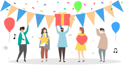 Fototapeta premium Party and fun. The company of young people celebrates the holiday. Holiday. Congratulations to friends. Flat style. Vector illustration