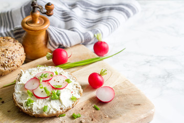 Healthy breakfast sandwich cottage cheese and radish food still life