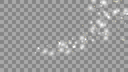 Gold glittering star dust trail sparkling particles isolated on transparent background. Vector white glitter wave abstract illustration. Light glow effect stars bursts with sparkles