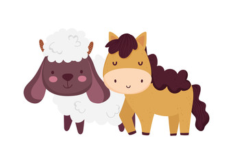 horse and sheep field trees sky sun clouds farm animal cartoon