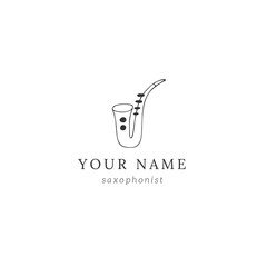 Jazz music logo template with hand drawn vector saxophone icon.