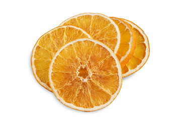 Stack of dried orange slices isolated on white