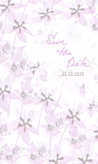 Invitation card with abstract small purple flowers and handwritten lettering Save the Date on white background. Softness lilac colored Vector web banner template..