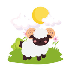 ram flowers meadow sun farm animal cartoon