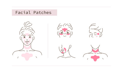 Beauty Girl Take Care of her Face and Applying Facial Anti Wrinkle Patches. Woman Making Skincare Procedures. Skin Care Anti aging Routine. Flat Line Vector  Illustration and Icons set.