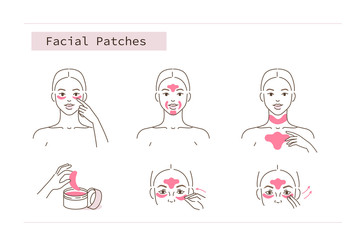Beauty Girl Take Care of her Face and Applying Facial Anti Wrinkle Patches. Woman Making Skincare Procedures. Skin Care Anti aging Routine. Flat Line Vector  Illustration and Icons set.