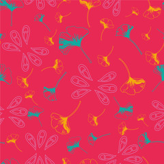 Vector seamless pattern ginko wax with yellow and turquoise ginkgo leaves and pink arabesques
