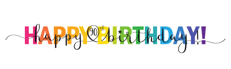 Rainbow-colored vector brush calligraphy HAPPY 90th BIRTHDAY! banner with swashes