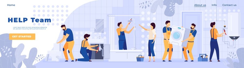 Repair service plumbers people work in bathroom, vector illustration