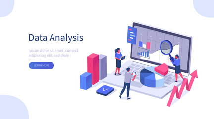 People Characters Working with Data Visualization at Laptop. Man and Woman Analyzing Tables,Charts and Graphs at Business Dashboard. Digital Data Analysis Concept. Flat Isometric Vector Illustration. - obrazy, fototapety, plakaty