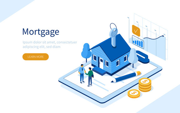 Character Buying Mortgage House and Shaking Hands with Real Estate Agent. People Invest Money in Real Estate Property. House Loan, Rent and Mortgage Concept. Flat Isometric Vector Illustration.