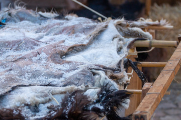 Animal hide being salted for drying