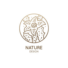 Cactus logo template. Vector emblem of blossoming succulent or subtropical plant in linear style. Garden plants of Africa. Abstract icon natural, eco products, beauty, spa, raw food, flower shop.