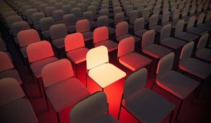 Concept or conceptual orange armchair standing out in a  conference room as a metaphor for leadership, vision and strategy. A 3d illustration of individuality, creativity and achievement © high_resolution