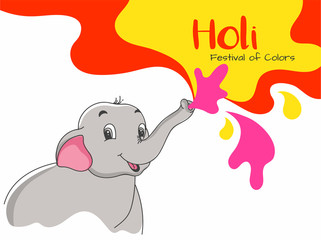 Cute Elephant Spraying Colors with Holi Festival Of Colors Text on White Background.