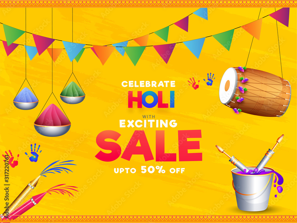 Sticker celebrate holi with exciting sale poster design with 50% discount offer, hanging color bowls, bucket