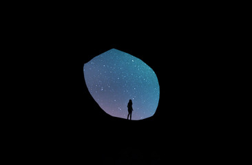 Girl looking to the stars at entrance of the cave,3d rendering
