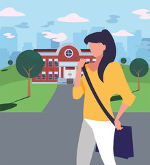 Girl student in front of school building vector design