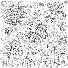 Doodle adult coloring book page. Shamrock leaves different shape and decoration, hearts and butterflies. Hand drawn Vector Illustration. Black and white line art.