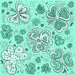 Abstract doodle background with clover, hearts and butterflies. Hand drawn vecotor illustration in trendy colors aqua menthe monochrome palette.