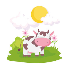 cute cow livestock flowers grass sun farm animal cartoon