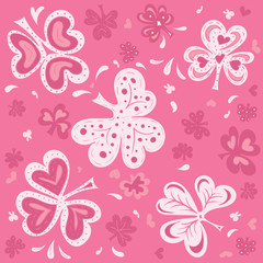 Abstract doodle background with clover. Hand drawn vecotor illustration in pink colors.