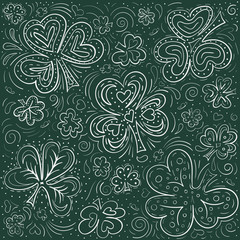 St. Patrick s day doodle background with clover, hearts and butterflies on green chalk board. Hand drawn vecotor illustration in trendy colors.