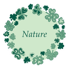 Vector round frame made of hand drawn clover leaves. Organinc cosmetics concept. Doodle frame for label design.