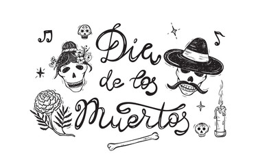 Mexico. Day of the Dead. Dia de los Muertos. Mexican Holiday Symbols: Mexican Catrina Skull, Marigold Flowers, Candles, Bone and Calligraphic Lettering