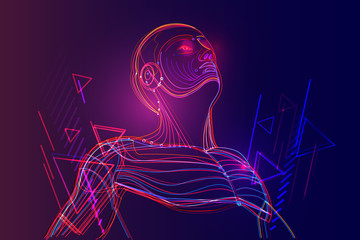 Artificial intelligence or robot with human face. Deep machine learning with neural network in abstract virtual world. Vector illustration