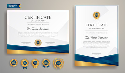 Premium gold and blue certificate of appreciation template, clean modern design with gold badge